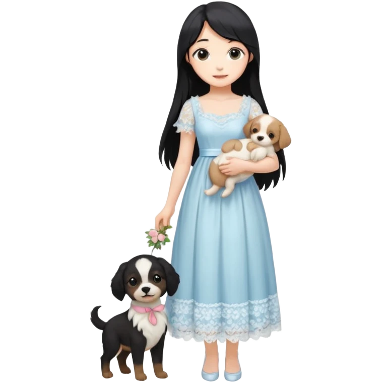 Pastel anime lady long hair with long lace dress full body holding puppy emoji