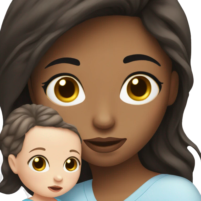 mom holding newborn baby girl with blue eyes and white skin baby dark hair emoji