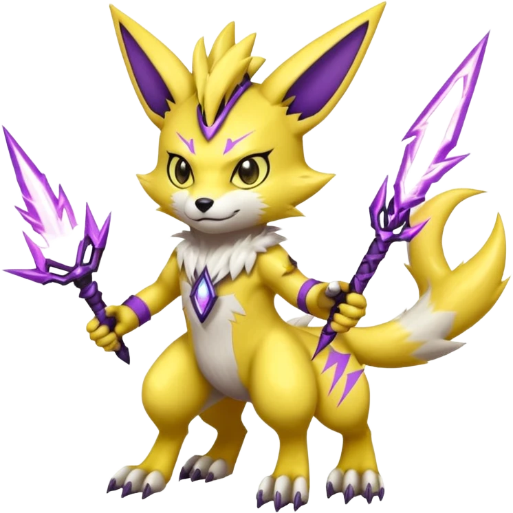 Furry Anthropomorphic Yellow Renamon-Zeraora-Toxtricity-Pokémon-Digimon-Fakémon-fusion with purple lightning-bolt-markings, and facial markings emoji