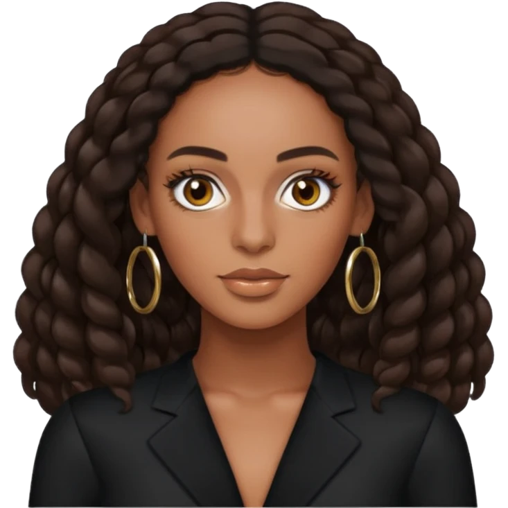 Solange brown eyes, long dark brown hair, black outfit with earrings emoji