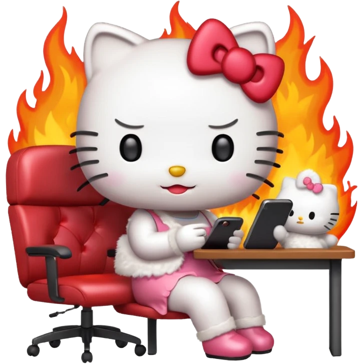 Apple-style emoji illustration of hello kitty character calmly sitting at an office desk, looking at a smartphone and looking relaxed, while the office behind her is subtly on fire. emoji