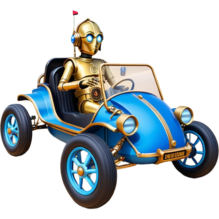  tarnished blue neon underglow C-3PO ghost buster 1964 delicately ornate rosegold wood accents painted Model-T dune buggy buckboard powered by electric motors and batteries with racing safety belts while flying rapidly roughening terrain stable on strong agile advanced suspension and steering emoji