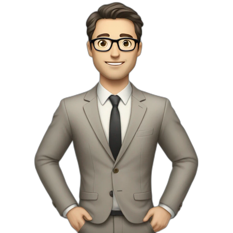 Full height Pale skinned Fit Man With dark brown hair in classic gray suit, beige office shirt, dark gray tie, and vintage glasses. His hands lock emoji
