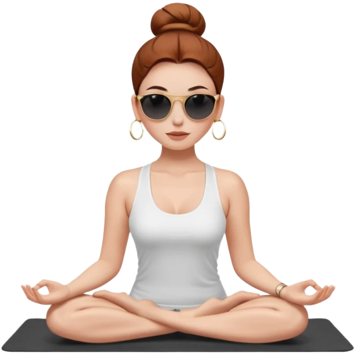 Clean girl influencer character, chest-up portrait.Sleek tight bun hair color (auburn .Natural glossy makeup, soft blush, shiny lips.Minimal white tank top, small gold hoop earrings, delicate gold necklace.Black sunglasses on head.Rolled yoga mat hanging over her shoulder. emoji