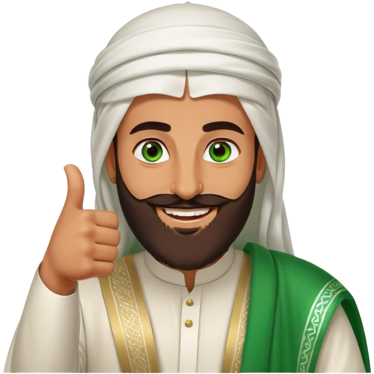 Tanned Arab Saudi man with green eyes and a beard, wearing traditional attire, smiling and giving a big thumbs-up emoji