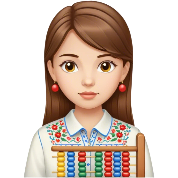 A Ukrainian girl with brown hair in an embroidered shirt holds an Abacus emoji