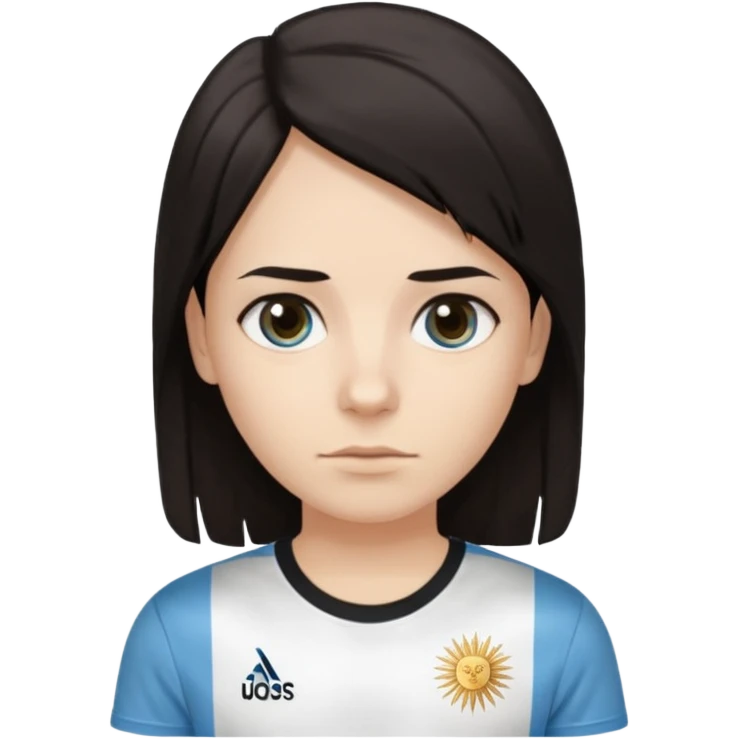A dark-haired person with dark circles under their eyes and an Argentina t-shirt, with short and long hair but not combed. emoji
