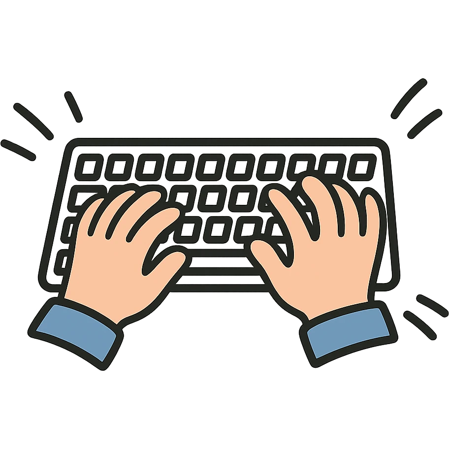 flat toon style hands typing quickly with animated feel emoji