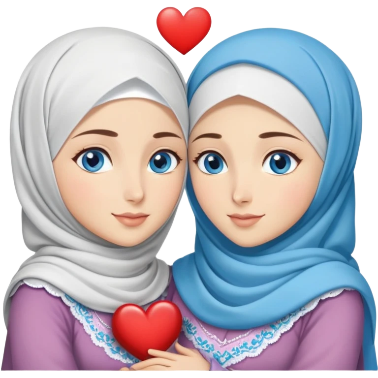 Two Turkish beautiful finish Konya friendly girls blue eyes with hijab and heart dress and hugs  emoji
