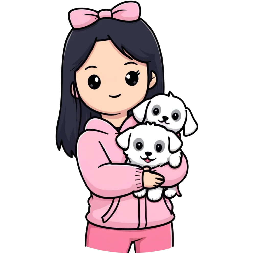 Beautiful girl with long straight black hair, fair skin, wearing pink clothes, holding a pure white fluffy Maltese dog emoji