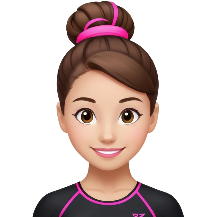 Happy female gymnast with brown hair in a neat bun, wearing a black uniform with neon pink elements. emoji