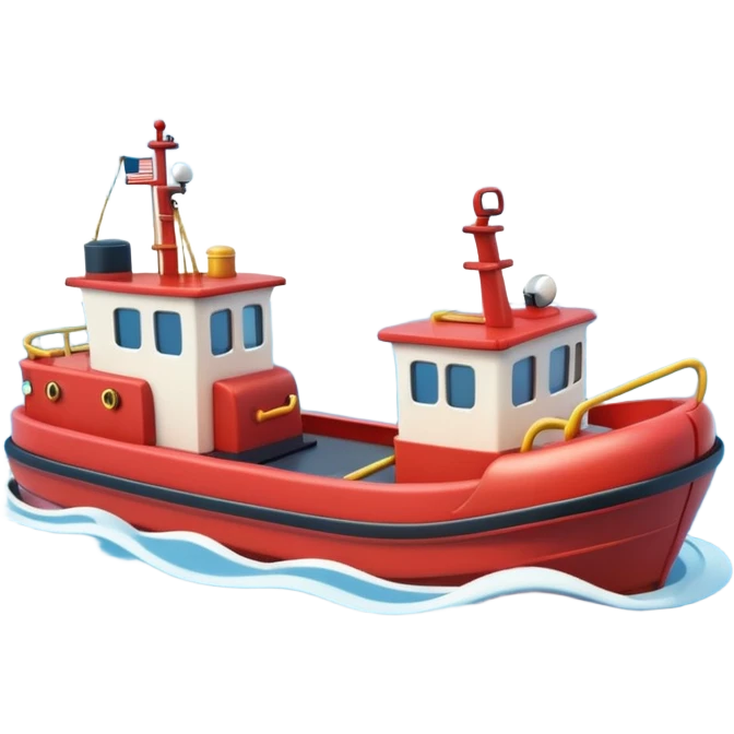 A 3D cartoon tugboat towing another boat on calm blue water, soft waves, clear sky, Memoji-style. emoji
