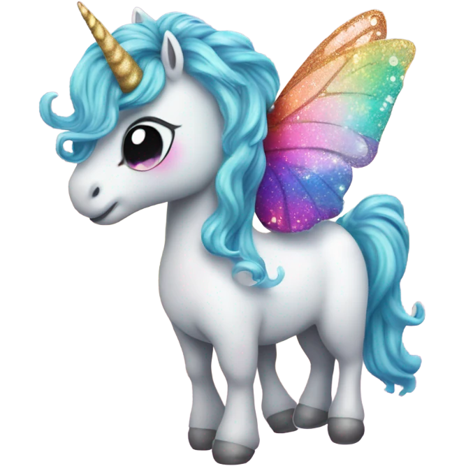 Whimsical rainbow unicorn butterfly with glitter emoji