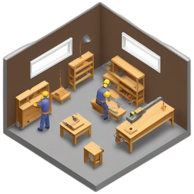 isometric square solid outline border containing indoor creative factory woodworking metalworking people active working cnc machine tools simple clean industrial makerspace concrete #edc31b  emoji
