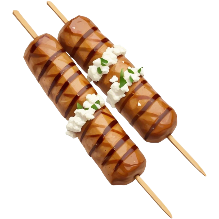 Souvlaki Cinematic Realistic Souvlaki Dish Emoji, depicted as skewered, grilled meat served with a side of crumbled feta cheese, rendered with rich textures and dynamic, appetizing lighting. emoji