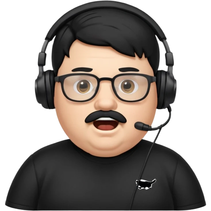 "A cartoon-style emote of a chubby streamer with black hair, mustache, and glasses, wearing a headset and a black Puma shirt. He has a shocked facial expression with wide eyes and an open mouth.

 emoji