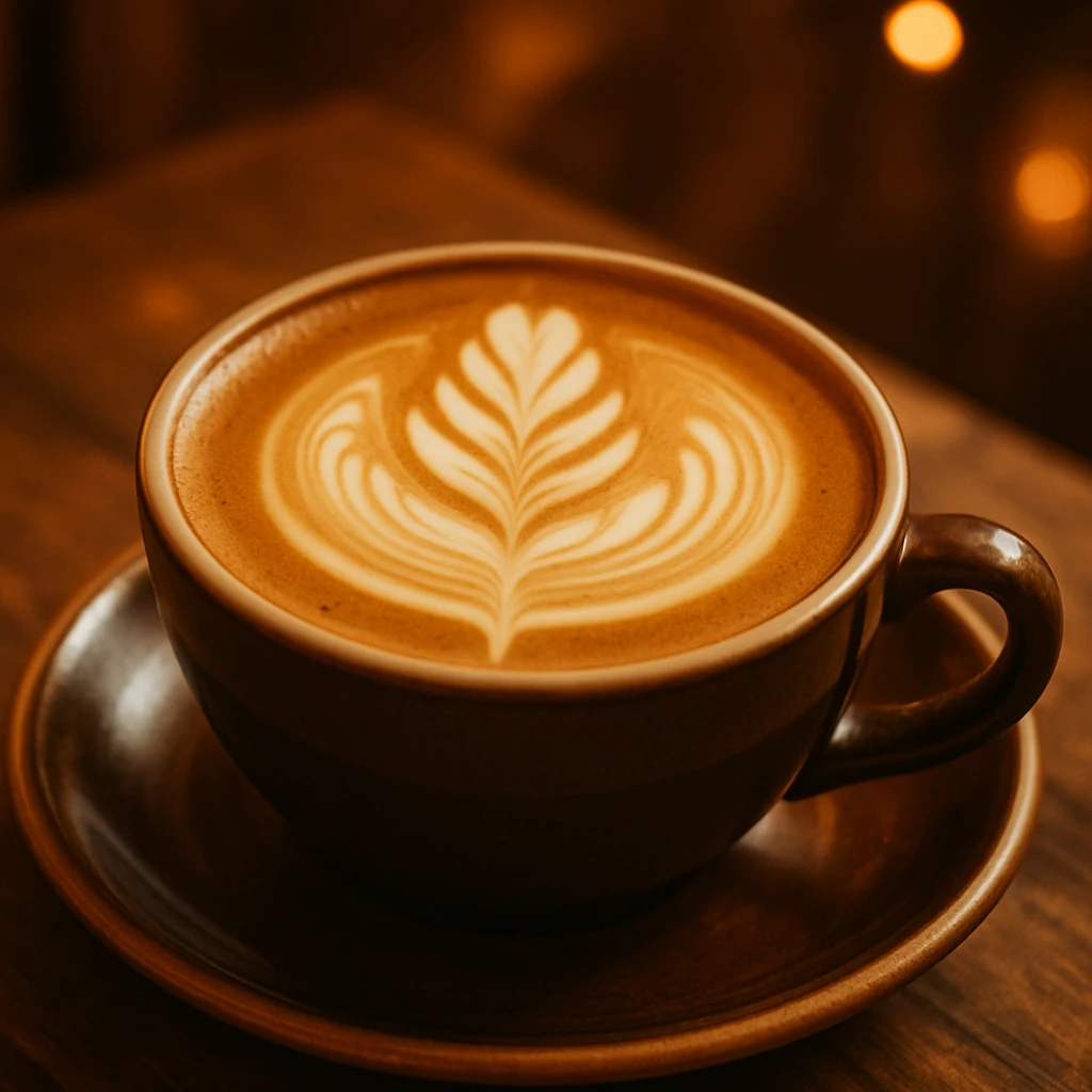 a beautiful coffee latte with a leaf latte art design, warm and inviting atmosphere emoji
