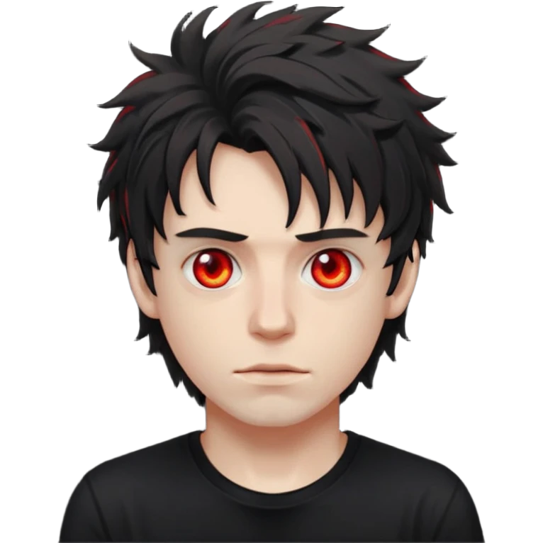 Парень с бледной кожей с красными глазами с чёрными растрепаными волосами, в черной футболке emoji