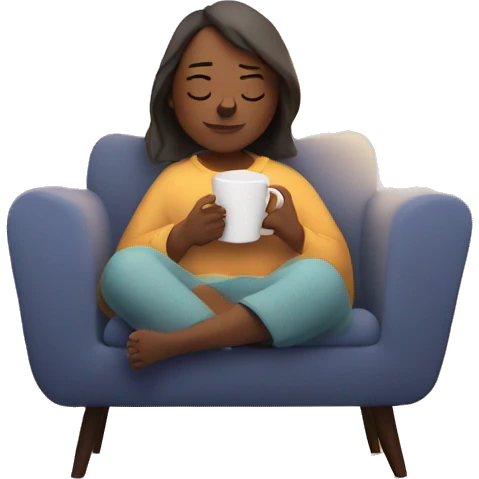 An image of a person relaxing on a comfy chair with a blanket, a cup of tea, and soft lighting, creating a peaceful atmosphere emoji