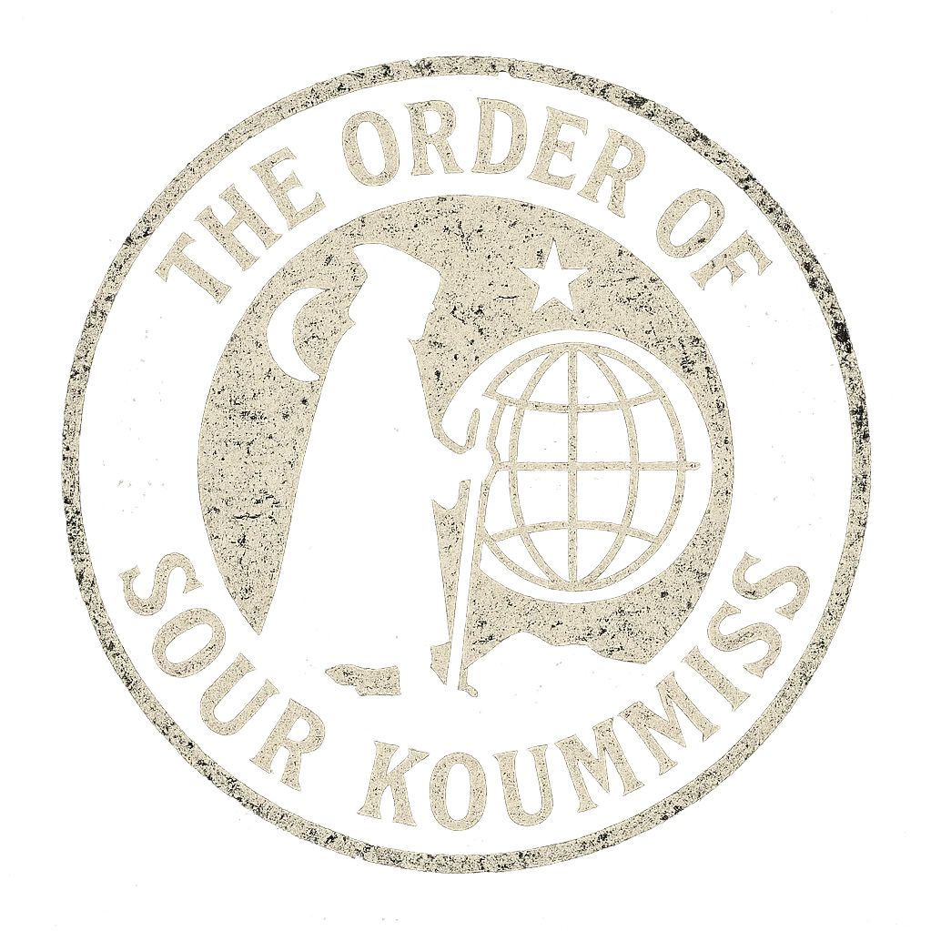 A grunge-style 90s logo for 'The Order of Sour Koumiss' with distressed edges and a mysterious travel theme, black and white emoji