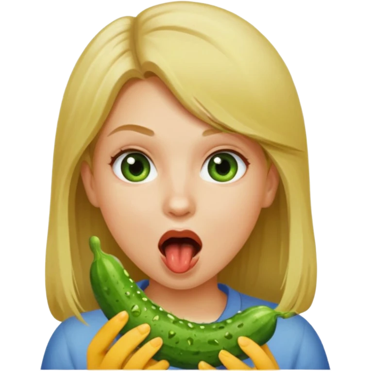 Girl mouth open. Cucumber going inter her mouth dirty blonde hair emoji