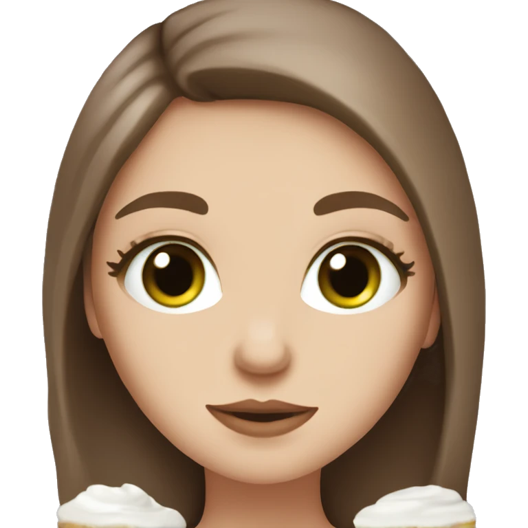 white girl with brown long hair and a hot chocolate green eyes emoji