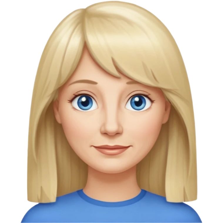 50 yr old white woman, curtain bangs, very long straight blond hair, oval face, small smile, blue eyes, thin face, hair down to elbows, round cheeks, pale emoji