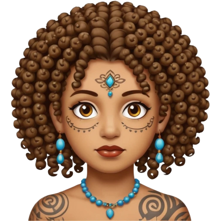 curly haired and heavy face tattoed person with a unique face and style, beads in hair emoji