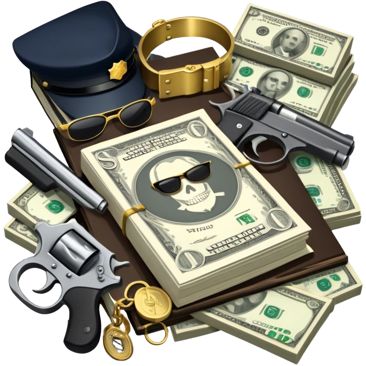 Icon for Action & Crime Reading: an open book, a revolver, handcuffs, a stack of cash. Surrounding elements include a dark alley, a police badge, and a pair of sunglasses. The icon should evoke tension, suspense, and action. Transparent background. emoji