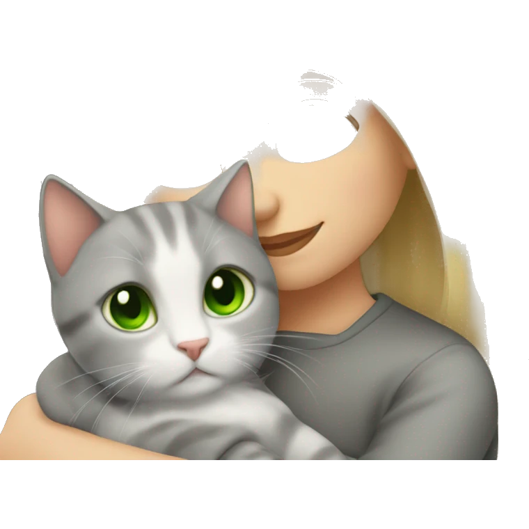 Blonde girl cuddling with a grey cat with green eyes emoji