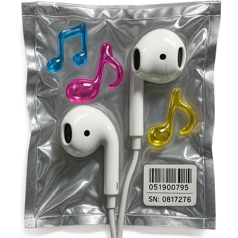 pair of white EarPods with three floating glass music notes in blue, pink, and yellow, shiny and puffy emoji