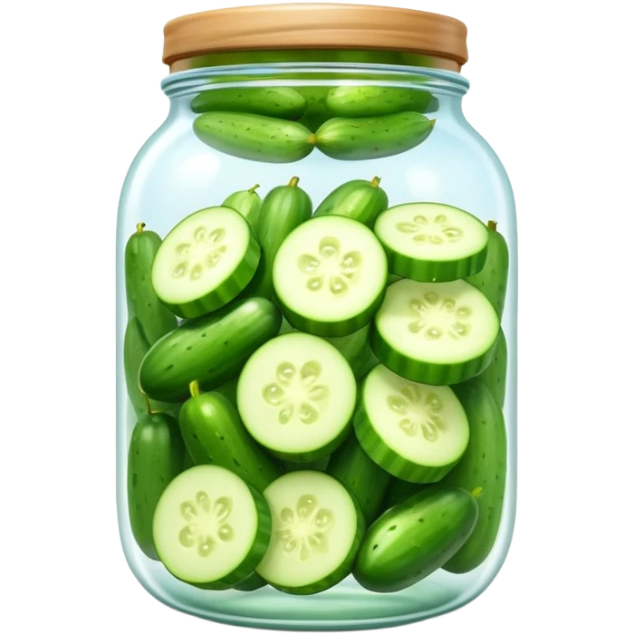 Emoji jar with cucumbers inside, designed like an apple iOS emoji. cucumbers should be lightly detailed in the brine. The whole illustration has a soft 3D effect, with soft shadows. the background is transparent. emoji