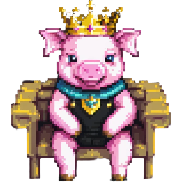 cartoon-like playful pixel art pig with a golden crown sitting on a throne, blocky and square like Minecraft, very few pixels, simple and charming emoji