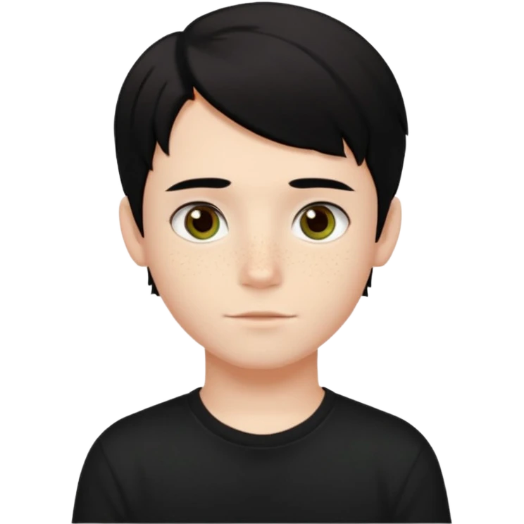 A beautiful boy with black hair and hazel green and brown eyes and white skin , with dark freckles and black t shirt with HAIRCUT: middle part hair hair with a center part haircut  emoji