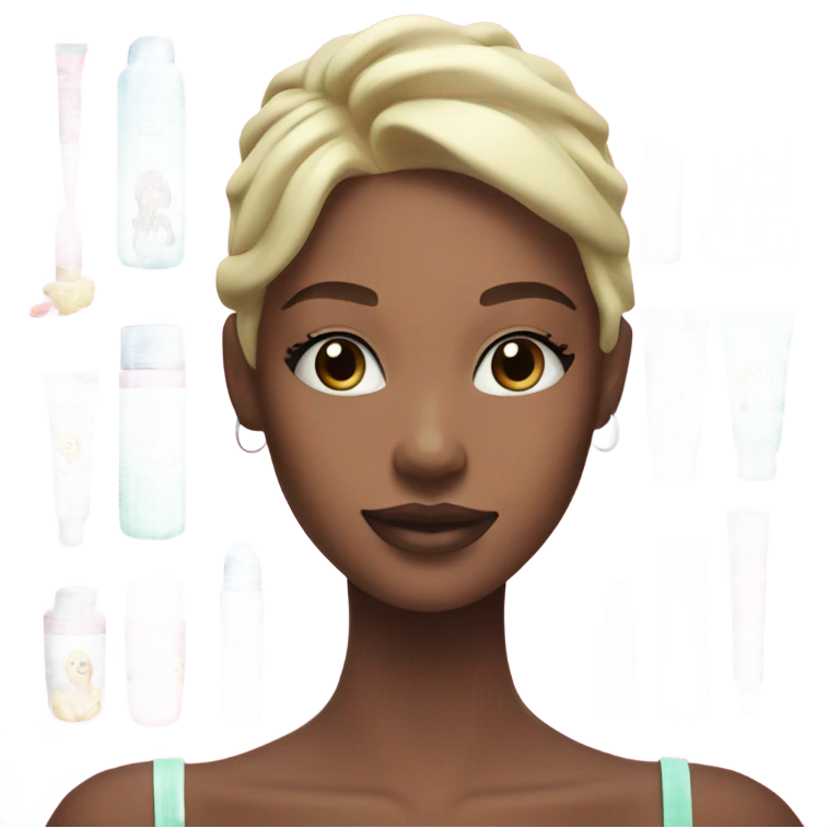 Generate emoji skin care cosmetics jars and tubes pink, light green and blue and a girl with blond hair next to her emoji