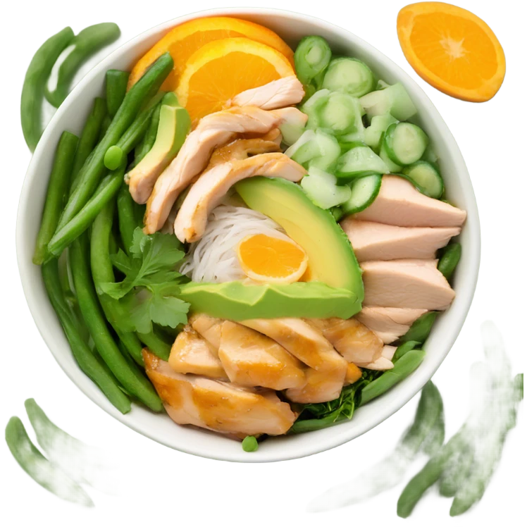Poke bowl with chicken, avocado, orange, cucumbers and green beans; side view emoji