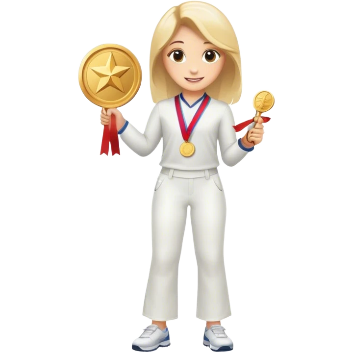 happy girl in white pants with a gold medal and a diplome emoji