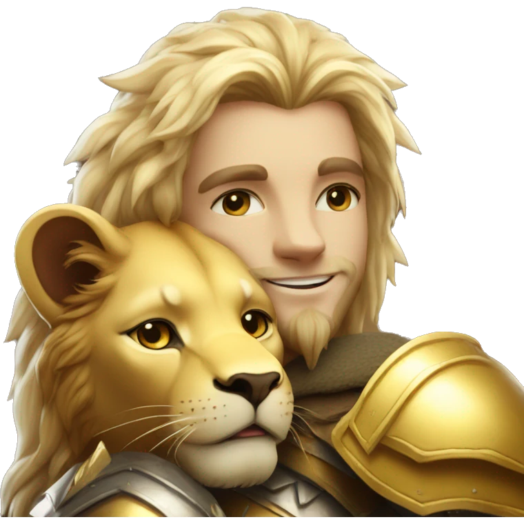 A lion leonin with golden armor hugging a blonde elf  emoji