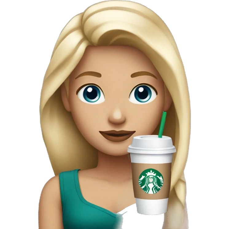 blonde girl blue eyes with Starbucks cup drink emoji