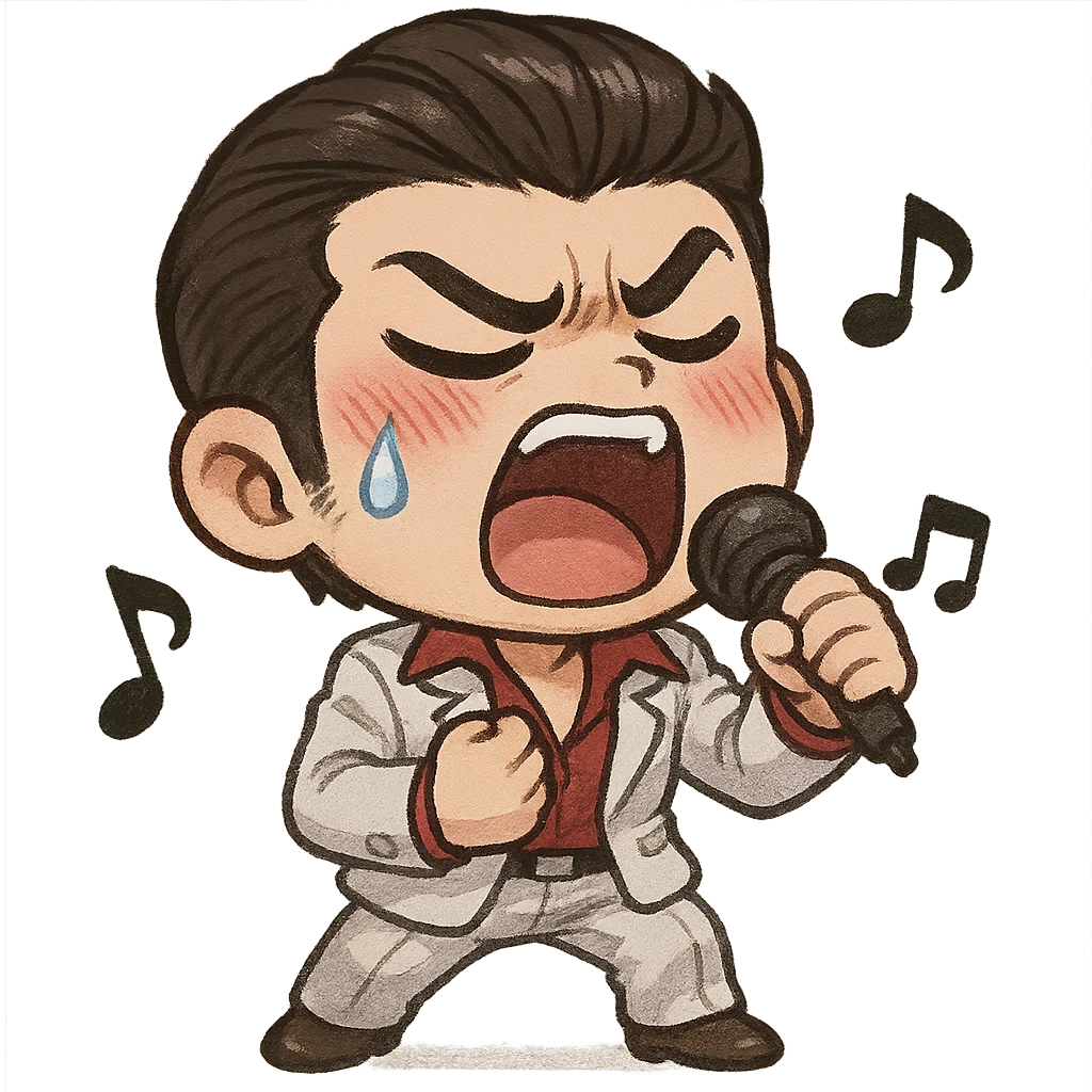 chibi Kiryu singing passionately, big head, tiny body, eyes squeezed shut, mouth wide open mid-note, dramatic tear, blushed cheeks, one fist at chest, other hand holding microphone, music notes floating, iconic white suit and red shirt, slicked-back hair, expressive and adorable, exaggerated proportions, chibi style emoji
