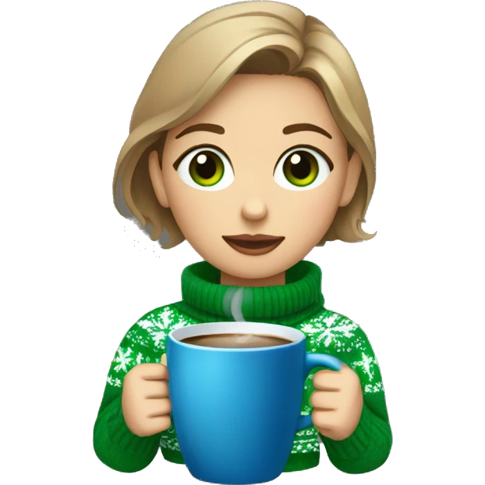 Light brown short haired girl with green eyes drinking coffee wearing blue Christmas sweater emoji