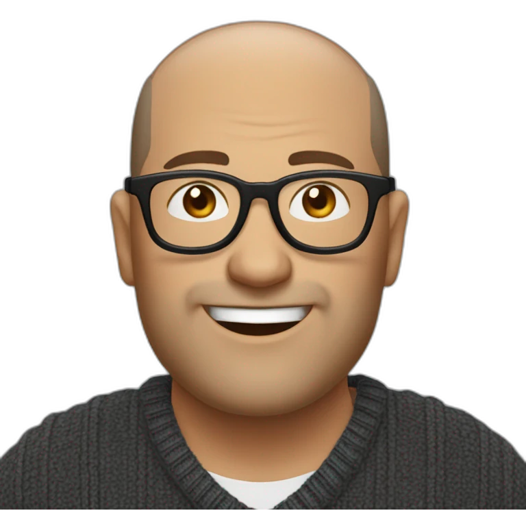Middle age man with buzz cut salt and pepper dark hair, thick frame glasses, with a round face and broad smile, wearing a v-neck sweater emoji