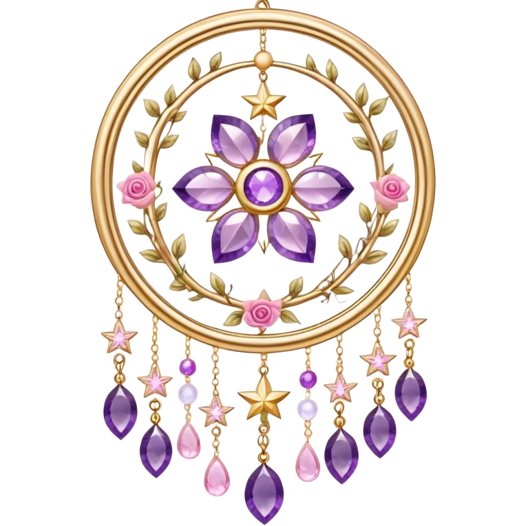 Epic beautiful gorgeous cute gold suncatcher, threads with shiny sparkly amethyst and rose-quartz gemstones, flowers, moons, stars, leaves, detailed emoji