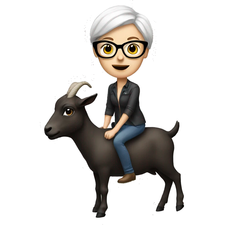 White woman with really short hair and glasses riding a goat emoji