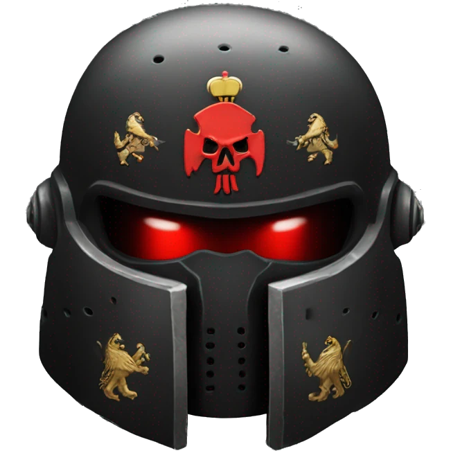 Black Space Marine helmet with red lenses, featuring the Russian coat of arms. emoji