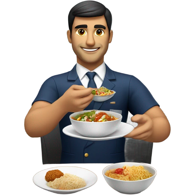 Male Persian Flight attendant eating Chinese food headed to china emoji