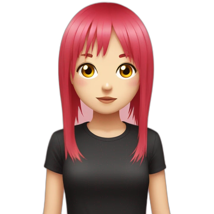 (gril) makima from the manga chainsawman with pink/red hair fringe, yellow eyes with a circle inside and a black shirt emoji