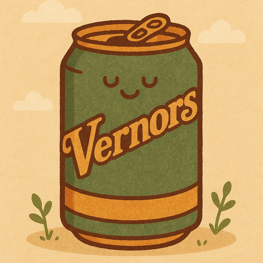 a stylized soda can with 'Vernors' branding, green and gold, cartoon style emoji