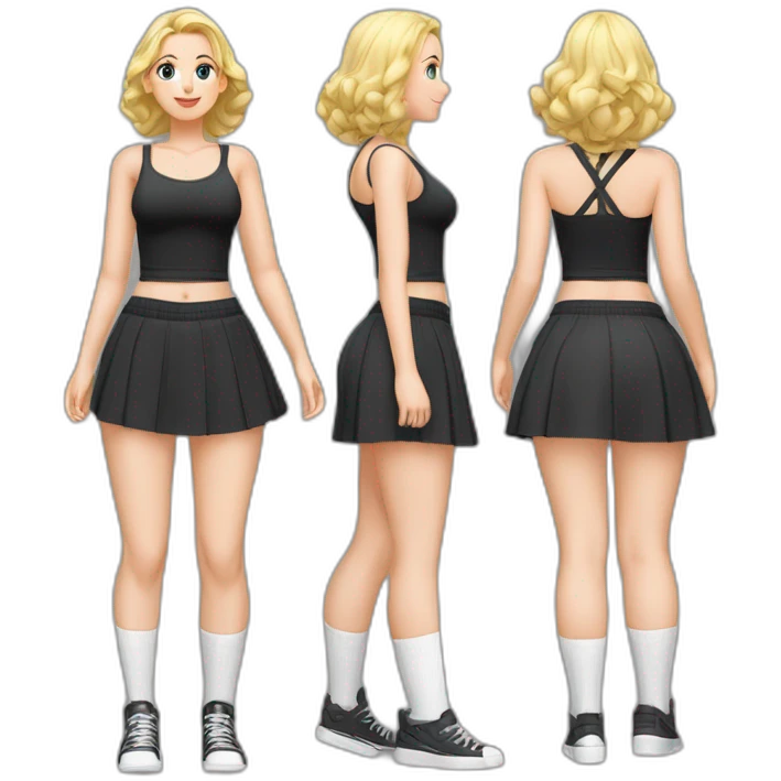 full-body-caucasian-curvy-beauty-наклоняется к земле-short-black-skirt-back-and-front-views-strong-wind-knickers-long-white-socks emoji