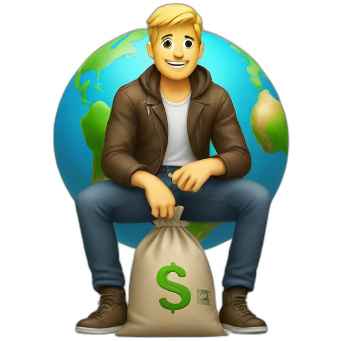 man sitting on globe with money bag emoji